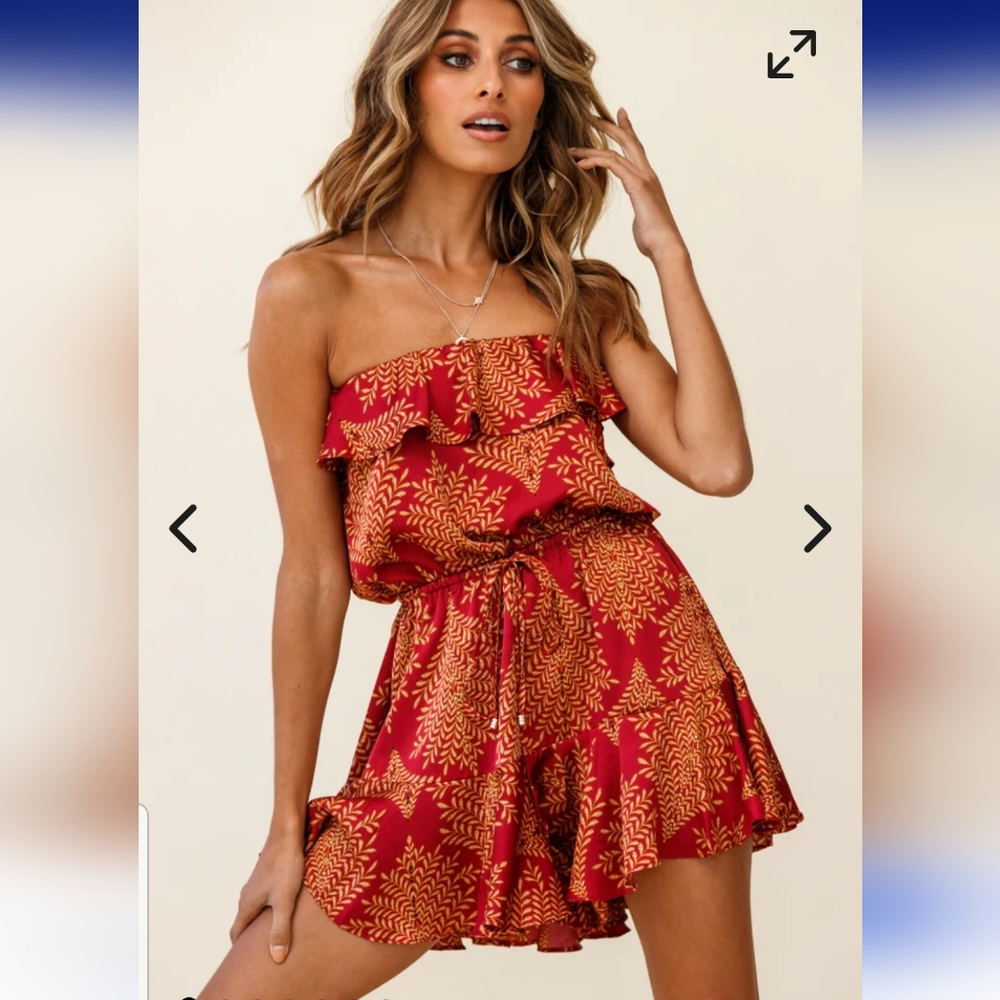 Selfie Leslie Pasadena Bandeau Tie Back Strapless Romper Boho Leaf Pattern Vaca